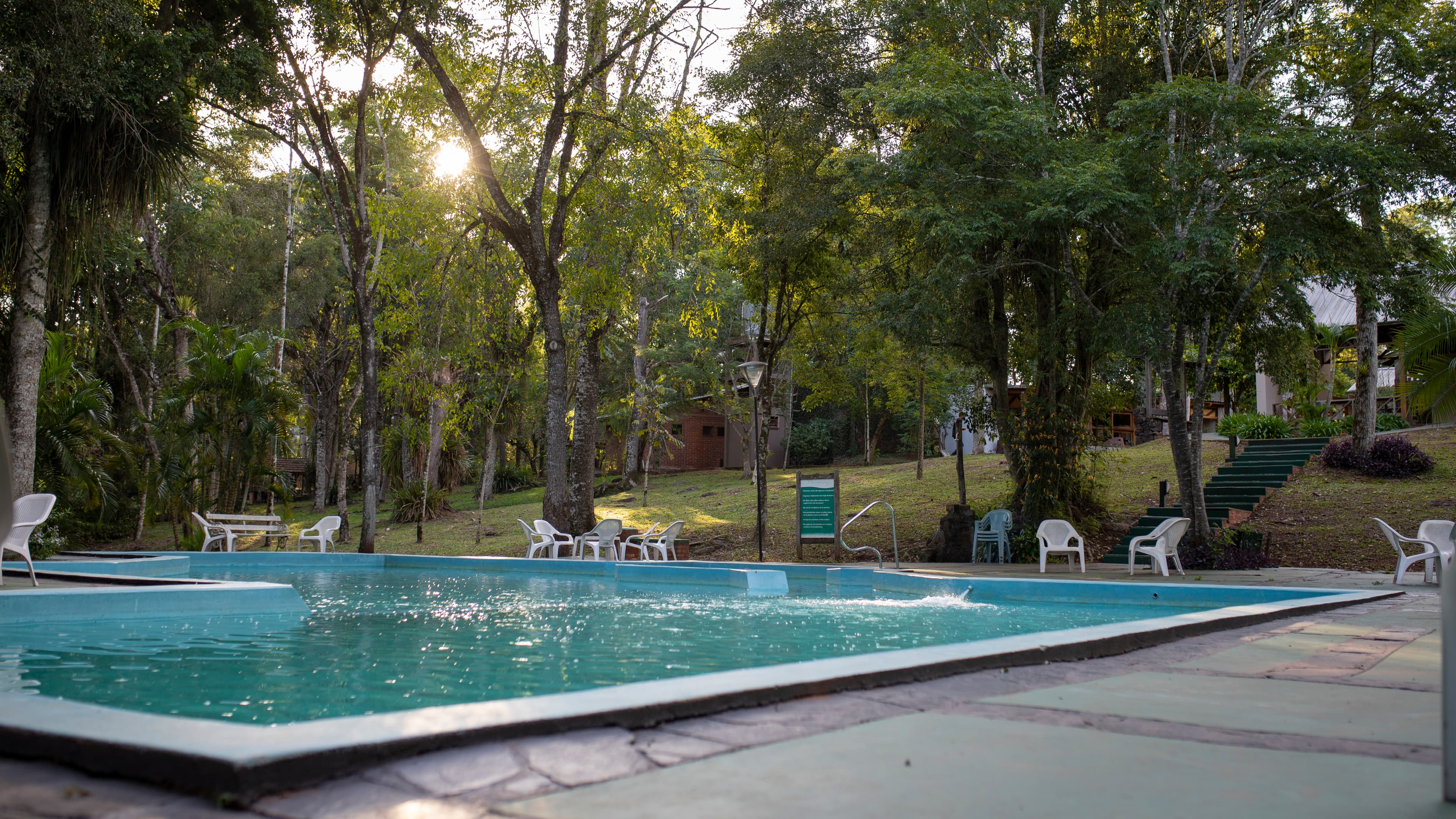 Momentos de paz absoluta bajo la sombra de los árboles que rodean la piscina.
